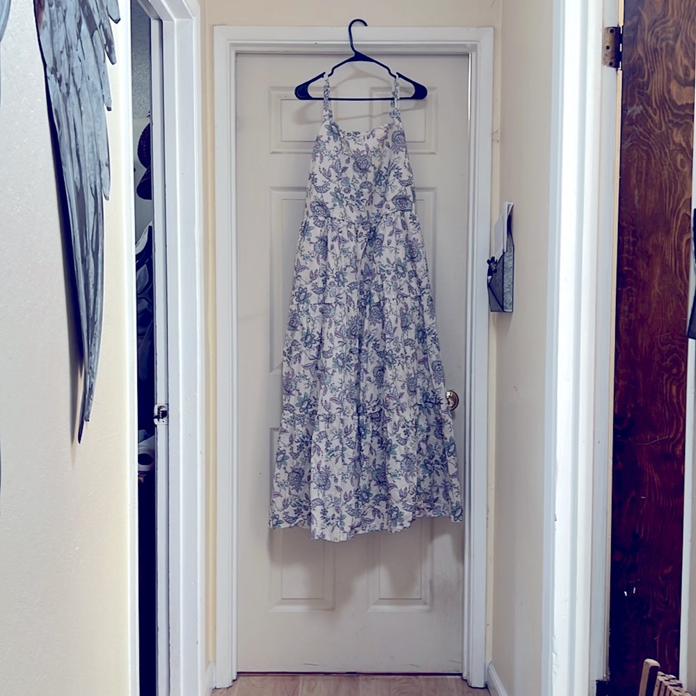 Floral Sun Dress Cream,Lavender & Light Blue Cotton Maxi Dress Tiers NWOT sz20 - Picture 15 of 15